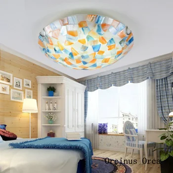 Mediterrâneo romântico shell lâmpada de teto varanda quarto infantil quarto lâmpada criativo rurais azul redondo de vidro lâmpada de teto led