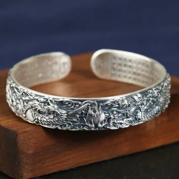 BOCAI Novo S999 prata pura vintage mão-relevo dragão e phoenix são auspicioso sutra do coração da mulher pulseira de presente para a mãe
