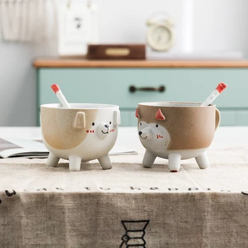 Criativo estilo Japonês bonito dos desenhos animados divertidos taça de cerâmica caneca casal xícara de café com a colher de cão copa do presente divertido copo copo caneca de viagem