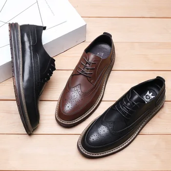 Sapatos de homem Britânico de espessura com solado de lace-up de couro preto de negócios formais, casuais sapatos de couro dos homens