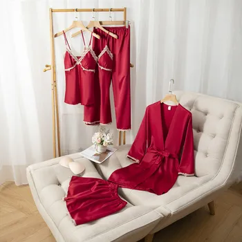 5PCS roupa de dormir de Pijama Conjunto Para Mulheres Casuais de Cetim de Pijamas, Sala de Vestir 2021 Novos Pijamas Quimono Roupão Vestido de Lingerie