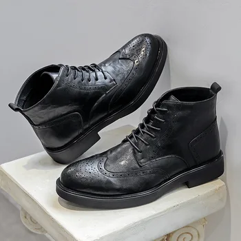 Estilo britânico mens lazer partido banquete vestido original botas de couro preto marrom escultura sapatos brogue cowboy boot tornozelo botas
