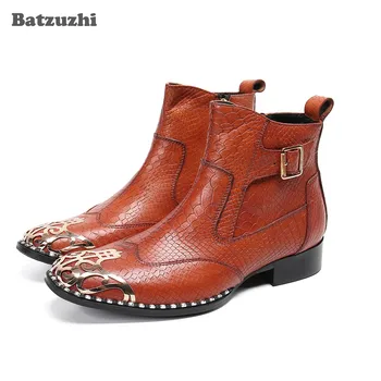 Batzuzhi Rock Homens Botas de Personalidade de Metal Toe de Couro Genuíno Ankle Boots Homens Marrom Motocicleta/Negócios Botas Hombre,US6-12