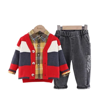 O design da marca outono inverno 2021 novos rapazes de Malha de terno, casaco de malha + camisa+ calça, 3 peças de algodão, versátil