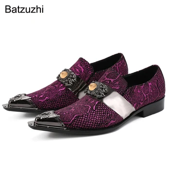 Batzuzhi dos Homens Novos do Projeto Sapatos de Ferro Pontiagudo Cabeça Roxo Vestido de Couro Sapatos de Homens de Personalidade Festa de Casamento e Zapatos Hombre