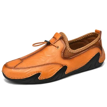 Novos Calçados masculinos de Couro Genuíno Respirável Sapatos de Homens Casuais Sapatos de Sapatos feito a mão da forma de Condução Tênis Slip-On Soft Mocassins