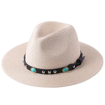 Simples dobrável mulheres de chapéu de palha de verão ao ar livre brim liso jazz cartola homens protetor solar Panamá pedra preciosa rebite de casamento chapéu