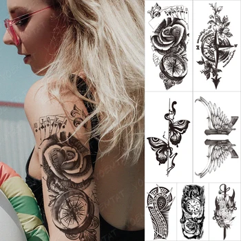 Impermeável Temporária de Manga tatooo Adesivos Rosa Bússola Cartão Personagem Lança a tatuagem do Braço Arte do Corpo Falsa tatoo Mulheres Macho Preto
