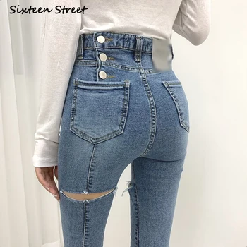 A calça Jeans Skinny, Mulher coreano Cintura Alta Jeans Botão Voltar do Buraco Trecho Lápis Calças Femininas Vintage Y2k Roupas para Mulheres de Jeans