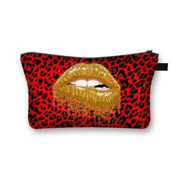 Lábio Vermelho Maquiagem Sacos Com Multicolor Padrão De Meninas Bonitos Cosméticos Pouchs Para Viagens Senhoras Bolsa De Mulher Saco Cosmético