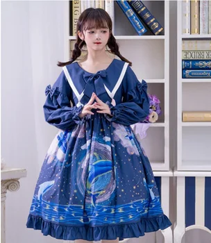 Lolita Azul Kawaii Vestido de Manga Longa Bowknot Céu Estrelado Nuvem de Baleia e Impresso Op Vestidos de Lolita Cosplay Loli Lol Cos Vestido