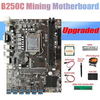 B250C ETH Mineiro placa-Mãe 12USB+G4400 CPU+4GB de RAM DDR4+128G SSD+Fã+Cabo SATA+Mudar+Cabo de massa Térmica+Defletor