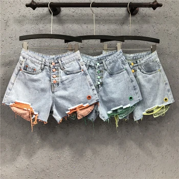 2020 Primavera Verão Plus Size Shorts Jeans Mulheres da Moda Solta com Painéis de Botão Buraco Shorts Casual Slim Alta Esperou Wide leg Jeans