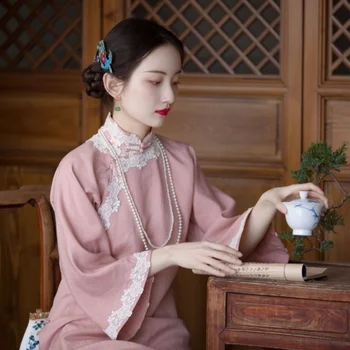 2023 Mulheres Orientais Mancha Cheongsam Estilo Chinês Tradicional Solta Qipao Vestido De Vestidos Vintage Elegante Festa De Qibao Vestido Cor-De-Rosa