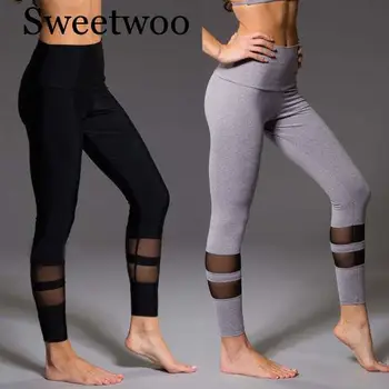 Mulheres De Yoga Fitness Legging Execução Ginásio Trecho De Esportes De Cintura Alta, Calças De Grenadine Listrada De Malha De Retalhos De Calças De Yoga