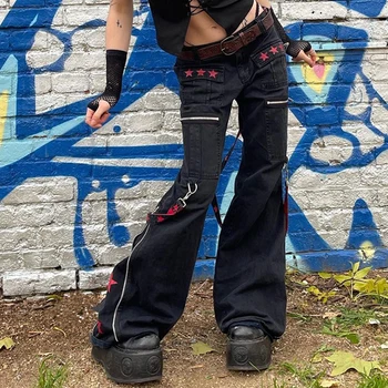 E-menina Estrelas de Impressão de Retalhos Zíper Solta calças de Brim das Mulheres Punk Gótico Cintura Baixa, Denim, Calças de Harajuku Vintage Preto Calças compridas