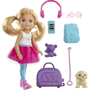 Original Mattel a Barbie Mini Chelsea Viagem Boneca Loira com Cachorro Portador de Acessórios Brinquedos para Meninas Marca de Topo Presentes de Natal