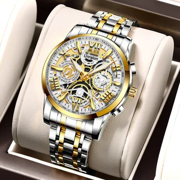 Novo Oco Projeto Mecânico de Aço Inoxidável de Negócios Calendário Marca dos Homens Relógios de Quartzo de Moda Casual Ouro Homens Assista Reloj