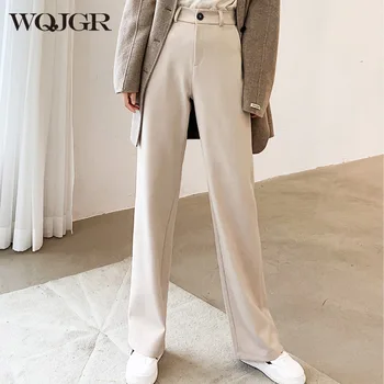 WQJGR Calças para as Mulheres de Cintura Alta Causal Solta Comprimento Total Calças Femininas 2020 Outono Inverno coreano Moda Elegante da Maré