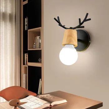 Nordic de cabeceira lâmpada de parede simples, sala de estar, quarto lâmpada do quarto de crianças corredor escada cabeça de cervo madeira maciça lâmpada de parede