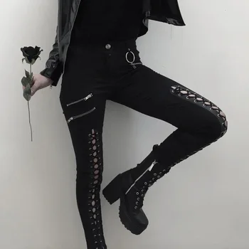 Gótico, Punk Lápis Calças para Mulheres Sexy Harajuku Zíper Laço Skinny, Calças Pretas Femme Streetwear Vintage Longo Calças Capris