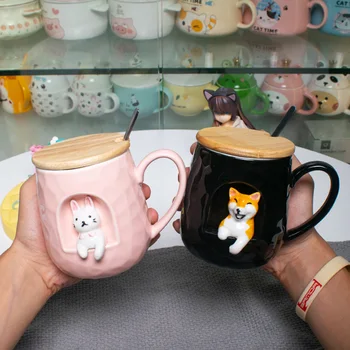 Bonito Relevo em 3D Taça de Cerâmica, com Tampa Colher Personalizado Xícara de Café, Colher de Animais de Lenha Cão Xícara Xícara de Chá de