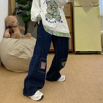 Self made colado soltas, jeans Rua Japonês retro lavagem de grande casual reta mulheres