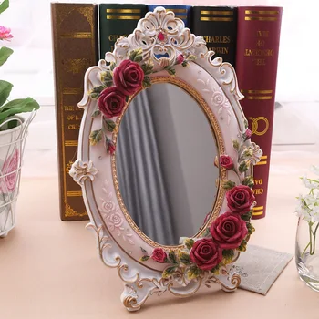 1pc Espelho de Maquilhagem ambiente de Trabalho em Pé de Rosa Vermelha Europeia Estilo Luxuoso Espelho para Presente de Casamento Home Decorator Grande Mesa de Espelho