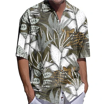 Homens luxo Camisas Oversized Camisa Casual Plantas de Impressão Metade Tops de Manga Roupas masculinas Havaiano Correspondência Casaquinho de Blusas High-End