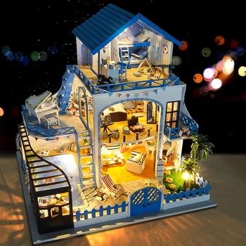 Madeira NOVA DIY Casa de bonecas em Miniatura Construção de Kits de Oceano Azul Grande-Casa Casa de bonecas Com os Móveis de Villa de Brinquedos Para Crianças Presentes