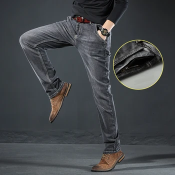 Cinza, calças Jeans para Homem Trecho Regular Fit Jeans Business Casual Estilo Clássico da Moda Denim, Calças de Boa Qualidade Masculina Jeans