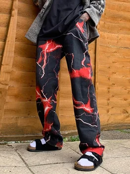 Homens Streetwear Harajuku Impressão De Calças Compridas Casual Quatro Estações Em Linha Reta Calças Com Zíper Masculino Meados De Cintura Solta Calças Com Bolso De Novo