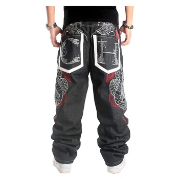 Hip hop jeans streetwear Masculino plus size solta baggy jeans calça de Cobra bordado em linha reta calças compridas para os homens
