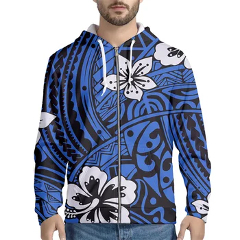 Azul Polinésia Tribal Hibiscus Design Oversize Hoodie dos Homens de Manga comprida Casaco Pullover dos Homens com Zíper Esporte Jaqueta casaco Tops