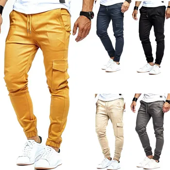 Homens Casual Corredores Calça Fina Sólida Carga de Moletom Masculina Lado bolso de uma Calça Nova Mens Sportswear Hip Hop a Lápis, Calças