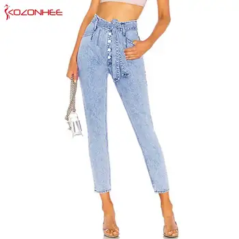 Moda Azul claro linha Reta calças de brim das mulheres Com Cintura Alta Inelástica Casual Atadura de Jeans Plus Size #38