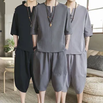 Novos homens terno de linho fino verão Chinês solta grande de algodão e roupa de 2 peças / terno de manga curta, calças de 2 peças do conjunto de sci886