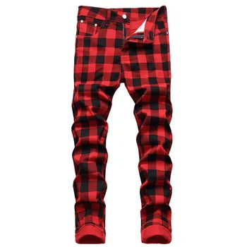 2022 coreano Moda Xadrez Vermelho do Hip Hop Homens Trecho Magro Calças Jeans Y2K Roupas Casuais Mulheres Lápis, Calças compridas Pantalon Homme
