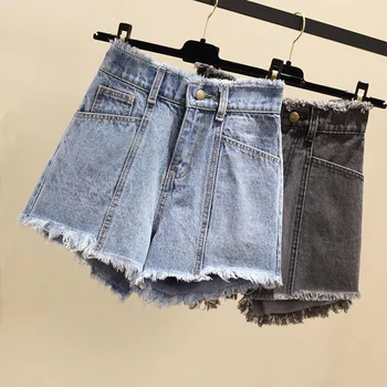 2019 Verão Feminino Senhoras Cintura Alta Borla Rasgado Cinza Azul Denim Shorts , Calçados Mulher 4xl 5xl de Perna Larga Shorts Jeans
