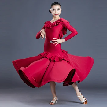 Vermelho Dança de Salão Etapa de execução do Traje Plissado Collant Saia Tango Padrão Nacional Dançarina Roupas Valsa de Roupa VDB4699