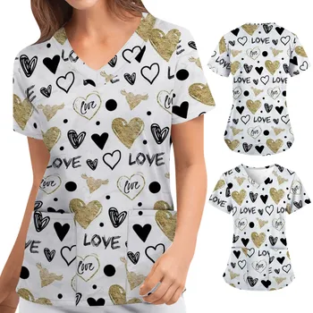Blusa Decote Dia Shirt V Short Com Bolsos dos Namorados, do Amor do Coração das Mulheres Impressão de Trabalho de Manga Longa para as Mulheres Fino T-Shirts Mulheres