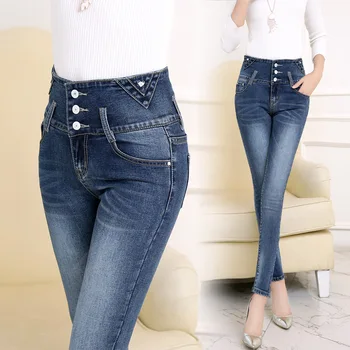 Cintura alta Jeans feminina Outono/Inverno Novo Estilo Plus Veludo Magros do Emagrecimento do Trecho de Tamanho Grande Apertadas Calças Calças