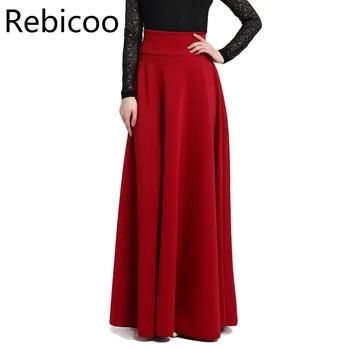 Novo Cintura Alta Plissado Elegante Saia de Vinho Vermelho Preto Cor Sólida Saias Longas Mulheres Faldas Saia 5XL Senhoras