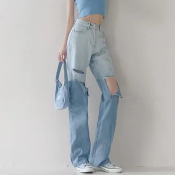 2022 Moda feminina Jeans Rasgado Furos de Estilo Europeu Azul Wide-Legged Calças Retas de Cintura Alta Solta Retro, Calças Jeans