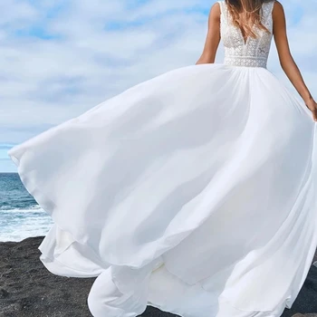 Rendas Vestidos De Noiva De Praia Vestidos De Casamento 2021 Uma Linha-V Neck Chiffon Baixo Boho Vestido De Noiva Para Noiva Robe De Mariee