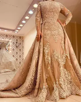 Champanhe De Luxo Em Dubai Vestidos De Noiva 2020, Com Gola Alta, Manga Longa De Renda Frisado Muçulmano Vestidos De Noiva Vintage Árabe Overskirt Vestido