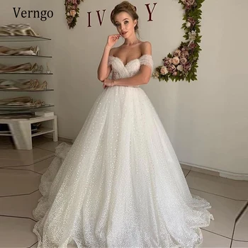 Verngo Tule Brilho Pontilhada Uma Linha Princesa Vestido de Noiva Fora do Ombro Pérolas Trem da Varredura 2021 Elegantes Vestidos de Noiva
