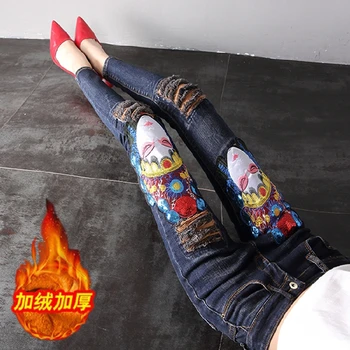 2022 Outono inverno mulheres nova moda Facebook patch calças de brim das mulheres buraco pés skinny jeans lápis