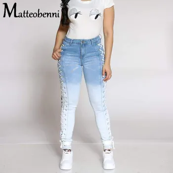 Outono Mulheres do Lado do Laço Lápis Apertado Calça Sexy Cruz Curativo Calças Jeans Skinny Moda Streetwear Bolso de Calças Jeans 2020