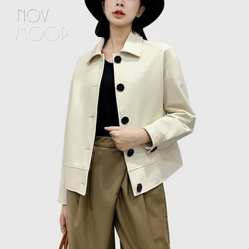 Novmoop de couro genuíno mulheres primavera, outono jaqueta simples e elegante estilo francês do office senhora do desgaste diário elegante Veste de cuir LT3491